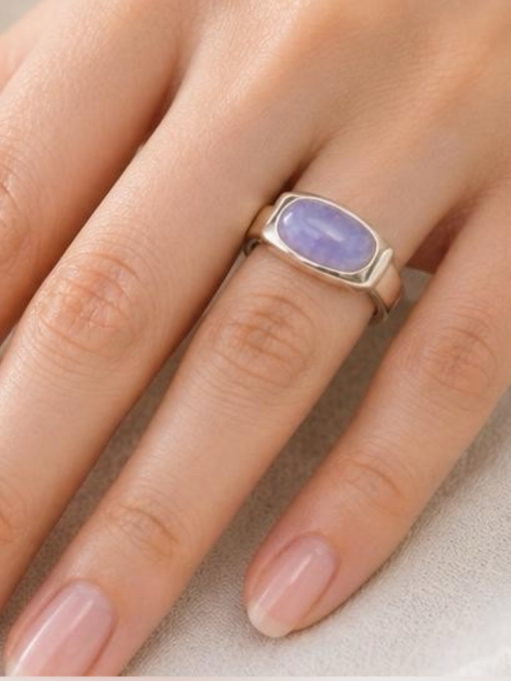 925 Sterling Silver Ring With Pale Lavender Cabochon Stone in Rectangular Bezel